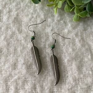 Silver Feather Earrings with Turquoise Bead
